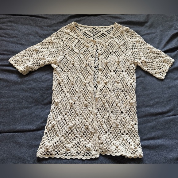 Handmade Crochet Knit Button Short Sleeve BOHO Cardigan Size Medium - Picture 12 of 13